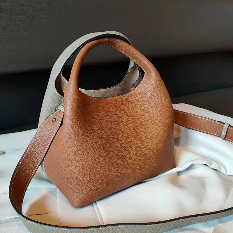 fashion Bucket Basket Bags Cowhide Leather patchwork tote high quality women Handbag shoulder crossbody bag Large capacity high-quality