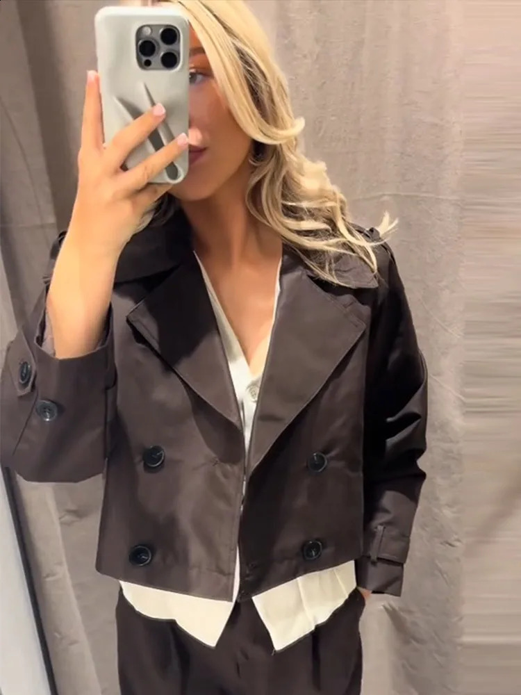 Elegant Turn-down Collar Cropped Jackets Coat Long Sleeves Double Breasted Short Outerwear Autumn Chic Office Female Streetwear 250811