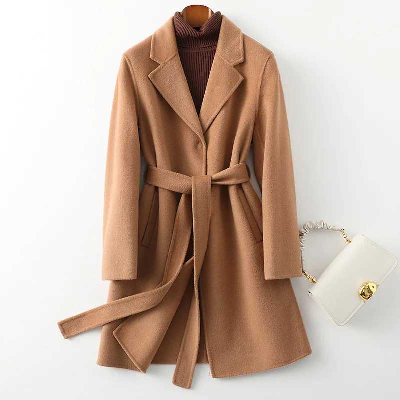 100% Wool Coats for Women Autumn Turn Down Collar Midi Length Coats Women Woolen Coat with Belt Womens Jacket Tops Z250813