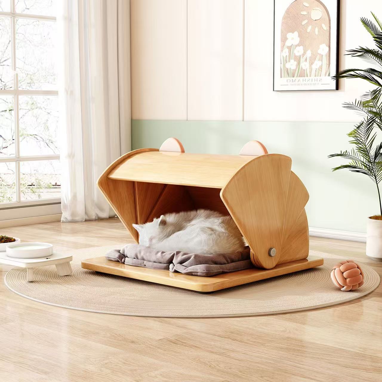 Original solid wood four-season flip-top cat bed durable pet supplies for the wealthy cat