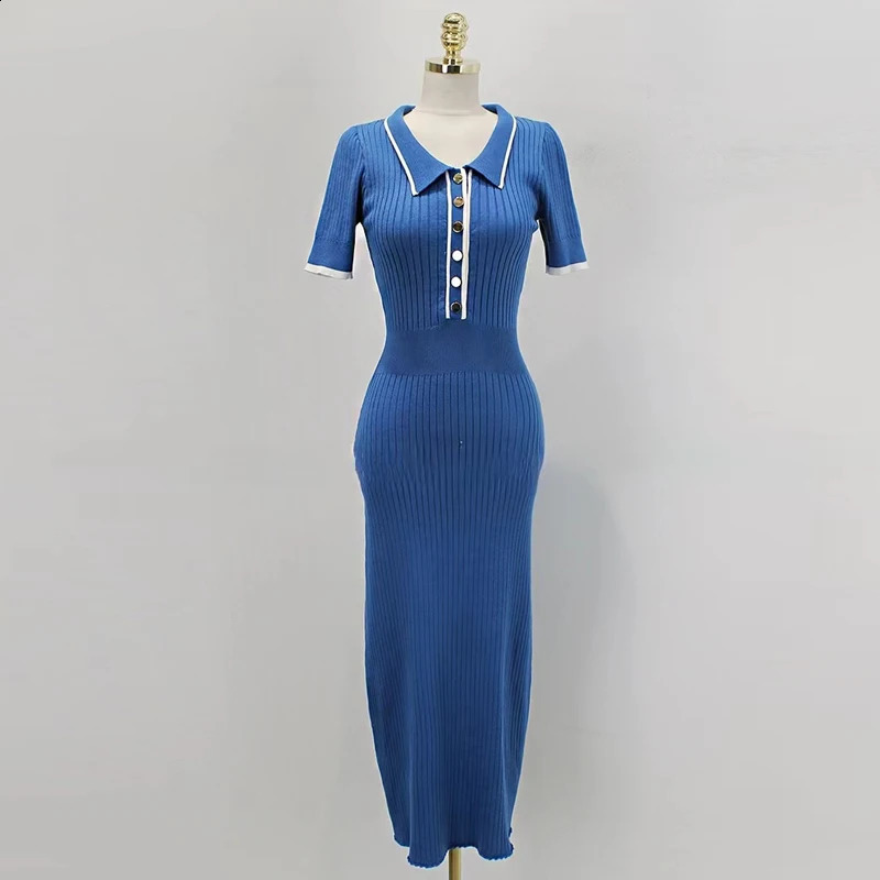 YuooMuoo Fashion Knit Sweater Dress Women Spring Summer Ribbed Contrast Short Sleeve Lapel Gown Dress Ladies Long Dresses 250806
