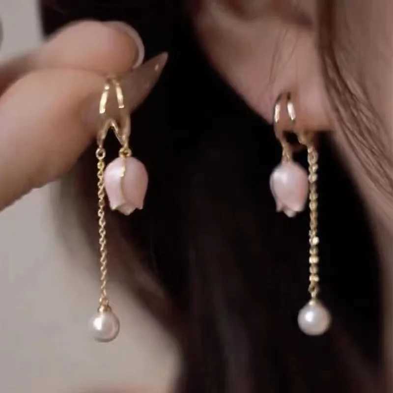2023 New Korean Elegant Irregular Pink Tulip Long Tassel Earrings For Women Fashion Imitation Pearl Jewelry Gifts Y250812