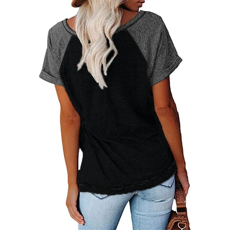 Casual Womens T-Shirt Stylish Patches & Loosely Fitted Sportswear Featuring a V-neck and Buttons