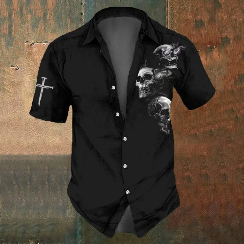 3d Skull Icon Print Hawaiian Short Sleeve Shirt For Men Shirts Retro Casual Black Man Loose Oversized TShirt 2025 250808