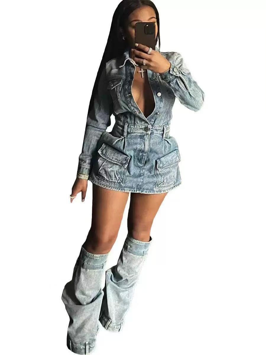 Designer Denim Tracksuits Two Piece Sets Women Long Sleeve Patchwork Denim Jacket and Shorts Outfits Y2k Jeans Vintage Streetwear Bulk Wholesale Cloth