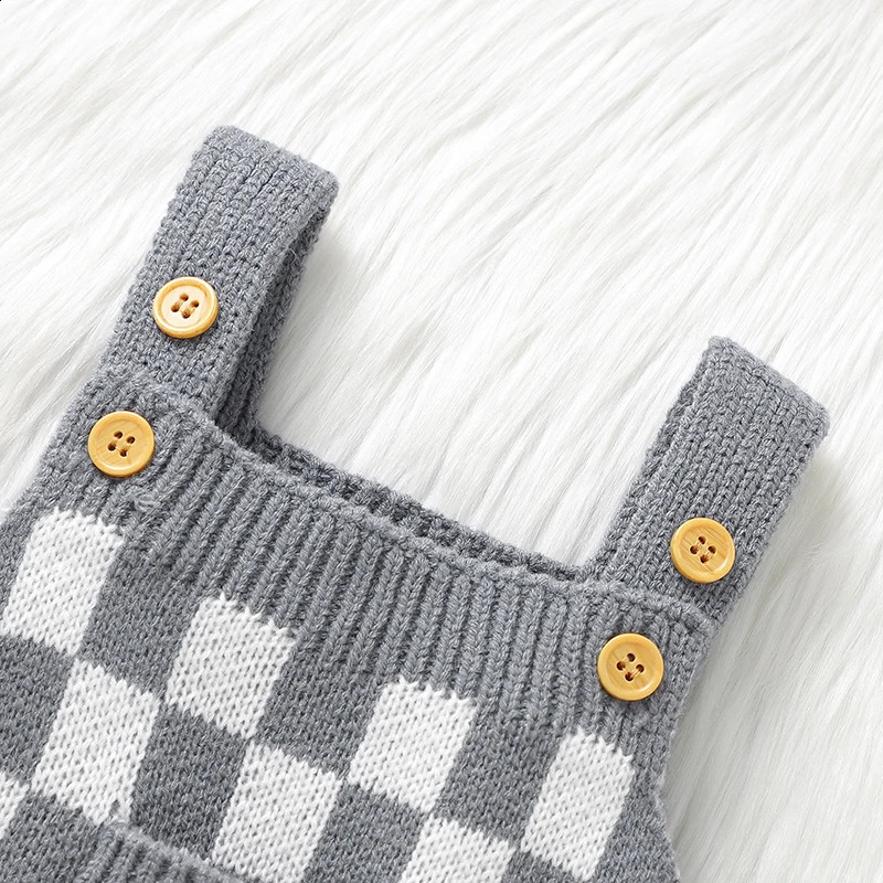 born Baby Romper Knitted Infant Boy Jumpsuit Sleeveless Autumn Toddler Kid Sling Clothing Fashion Plaid Pocket 018M Overalls 250812