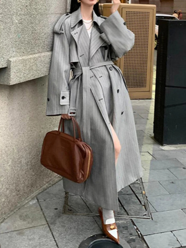 YERMORA Fashion er Long Trench Coat Women Lapel Double Breasted Belt Gathered Waist Windbreaker Autumn Winter 250811