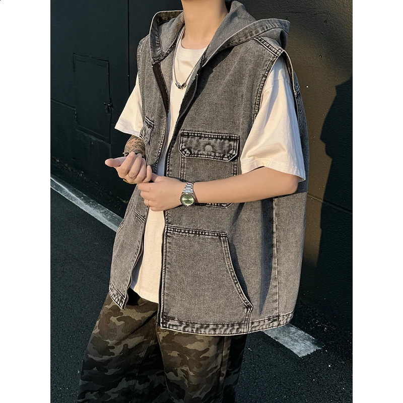 Men Sleeveless Denim Vest Summer Japanese Zipper Casual Loose Hooded Tops Fashion Versatile Black Handsome Pockets Coat 250805