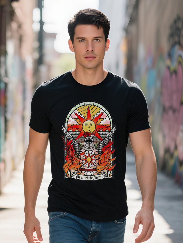 Retro Style Men's Black T-Shirt Casual Summer Tee Flames Design Praise the Sun Text Light Stretch Fabric