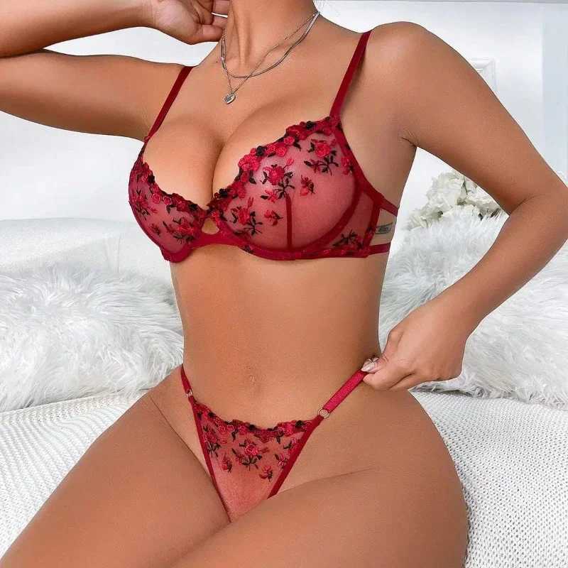 Bra Brief Set Woman 2 PCS Lingerie Sexy Floral Embroidery Underwear Mesh Intimate Transparent Lace Short Skin Care Bralette KitsXJ250812