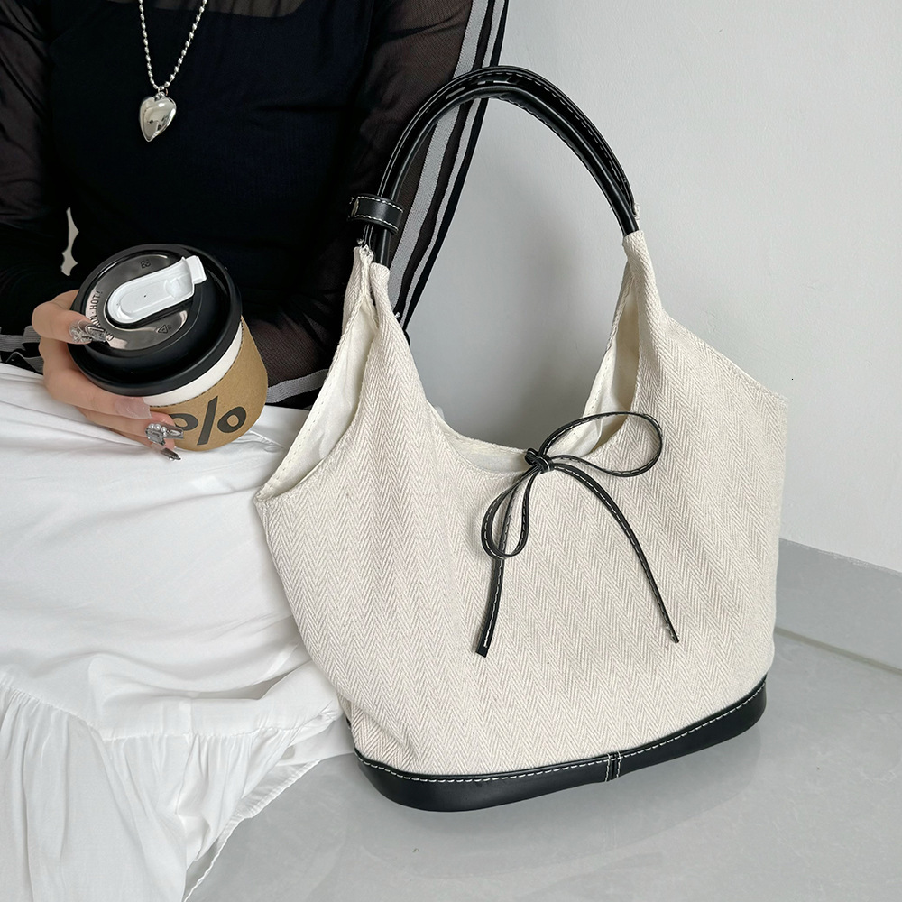 Korean Style Bowknot Niche Herringbone Canvas Patchwork Single Shoulder Underarm Tote Fashion Commuter Handbag Crossbody Bag ddmymarket