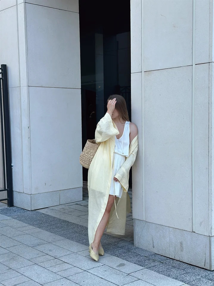 Oversized 100% Linen Kimono Windbreaker Yellow 250811