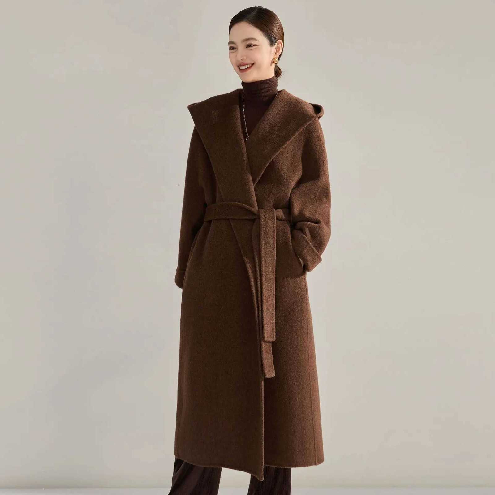2025 Winter New High End Silk Cashmere Woolen Coat Women Long Hooded Bathrobe Solid Color Hoodie Elegant Wool Overcoat 15485 Z250813