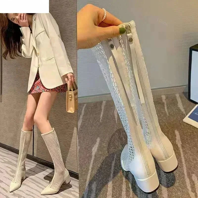 2025 summer thick soled high-heeled cool boots slim leg long boots thick heel mesh high tube cool boots long tube sandals 250812