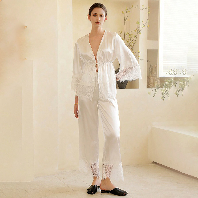 2025 New Women's Spring and Autumn Silk Color Dungaree Lace Patchwork Tie-up Long Sleeve Long Pants Pajama Set Homewear