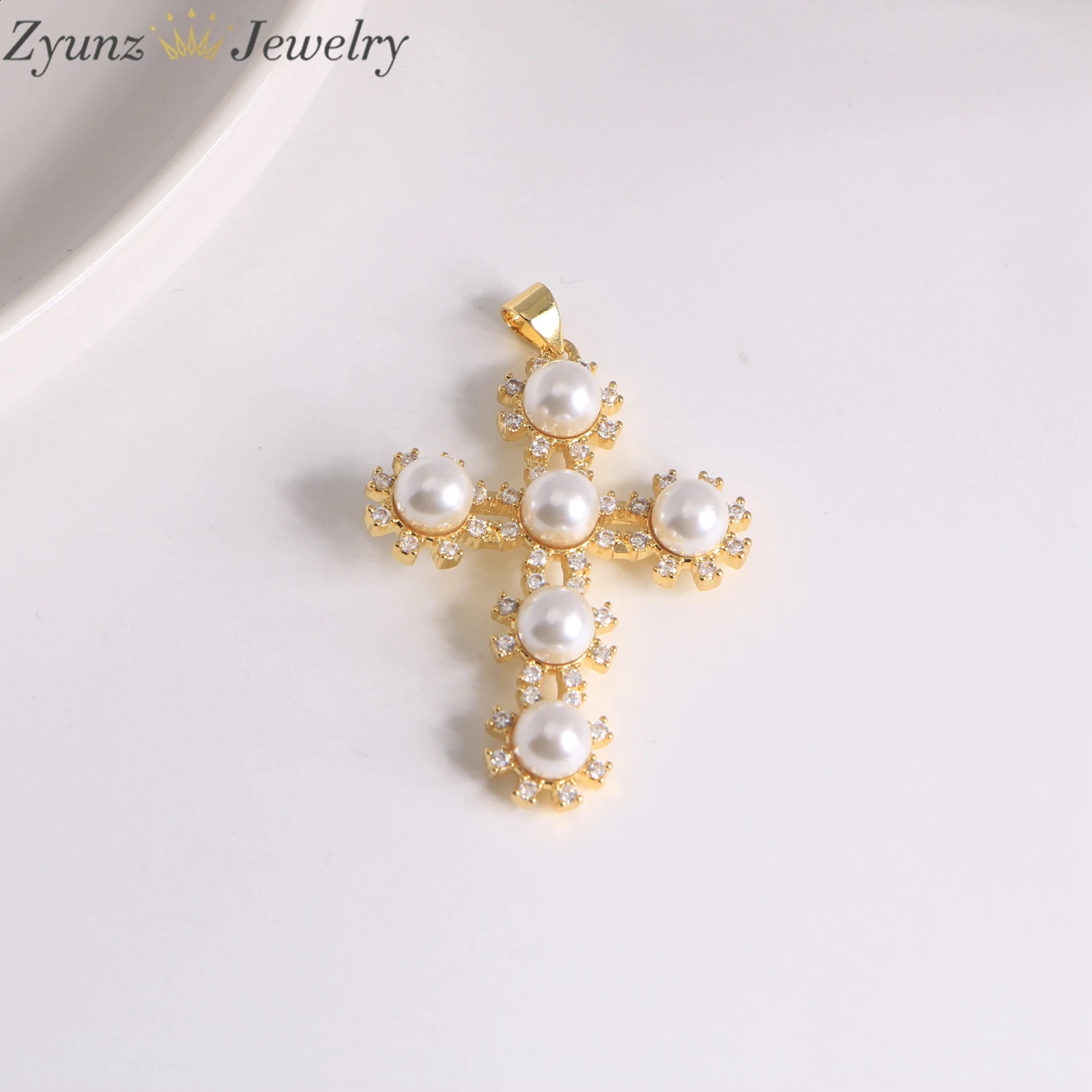 5Pcs 18K Gold Plated Pearl Cross Pendant Micro Pave CZ Cross Charm Jesus Christian Jewelry Holiday Gifts 250807