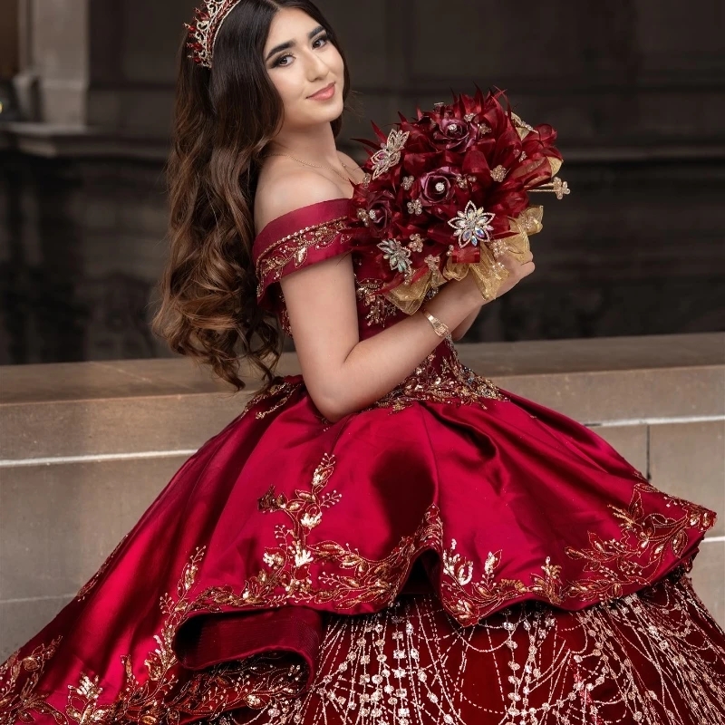 Red Ball Gown Quinceanera Dresses Off Shoulder Sequin Applique Lace Beading Tull Party Birthday Sweet 16 Vestidos 15 De Anos