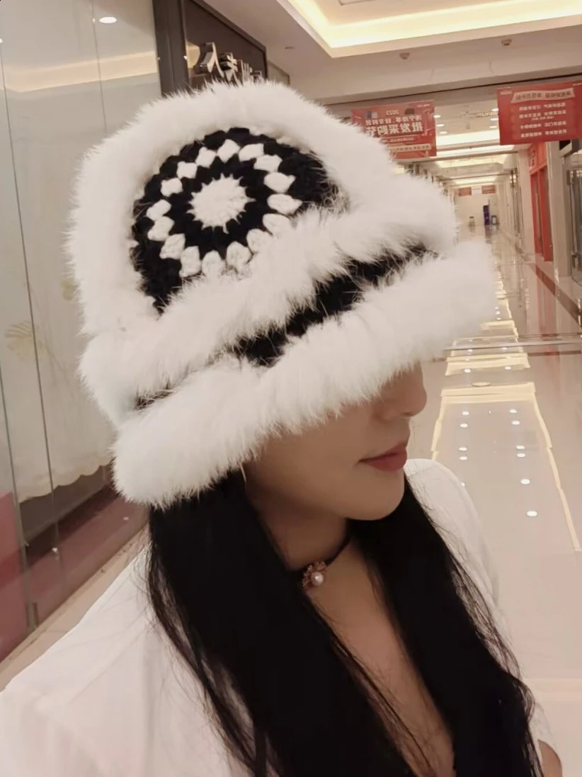 China-Chic Bucket Hats for Women Winter Warm Cute Plush Cap Big Head Casual Rabbit Fur Hat Knitted Fishermans Caps 250808