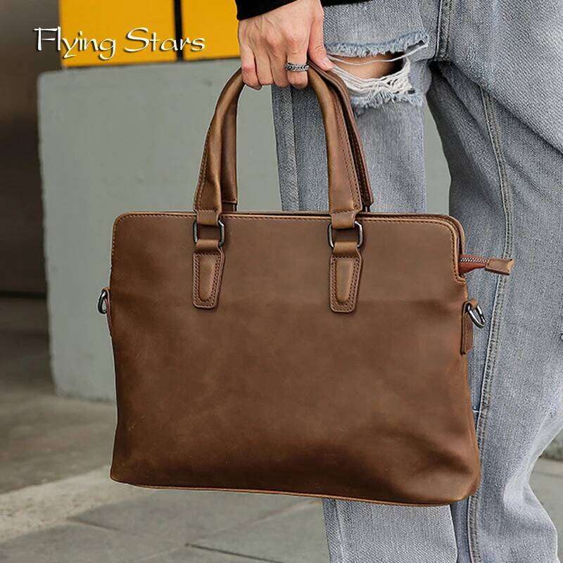 OLOEY Business Big Vintage PU Leather Luxury Bag Shoulder Casual Briefcase Multifunctional 14 Inch Computer File Bag Men Handbag
