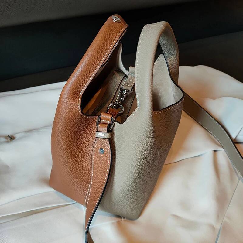 fashion Bucket Basket Bags Cowhide Leather patchwork tote high quality women Handbag shoulder crossbody bag Large capacity high-quality