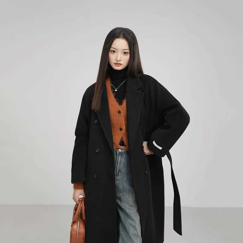 Winter Korean Women Faux Woolen Coats Harajuku Elegant Lapel Solid Belt Thick Long Coats Female Loose All Match Blends Outerwear Z250813