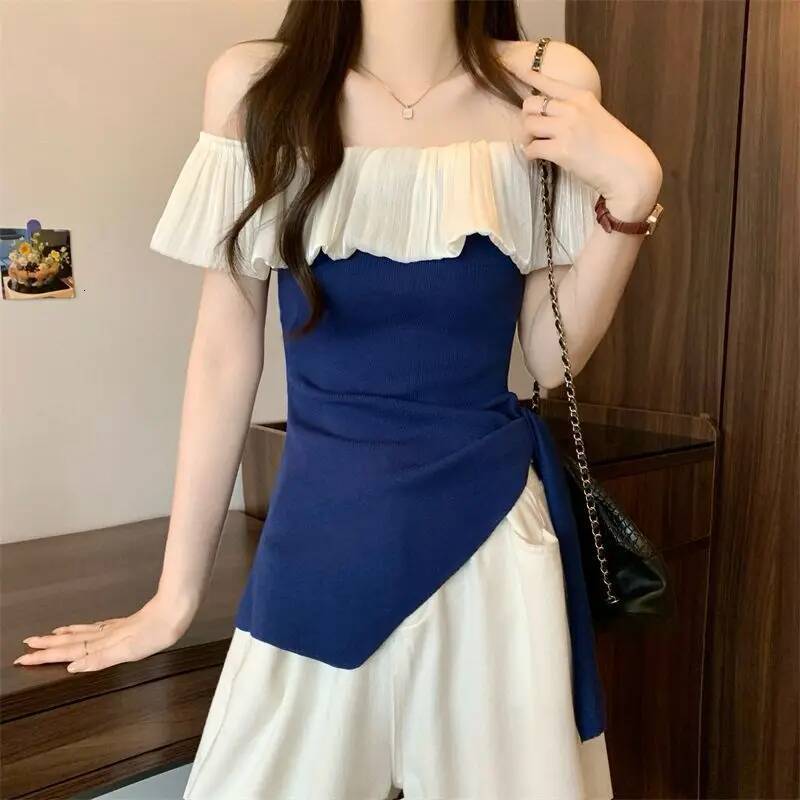 2025 Summer Fashion Casual Patch Color blocked design Slant Neck Women's Full Match Temperament Short Sleeve Slimming Top T-shirt Designer Top