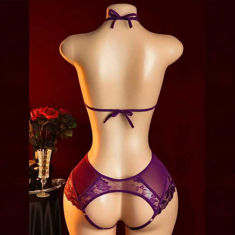 Neck-hanging One-piece Bra Semi-See-through Lingerie Set Crotchless G-string Bodysuit Crotch Open Underwear Intimate Sexy UndiesXJ250812