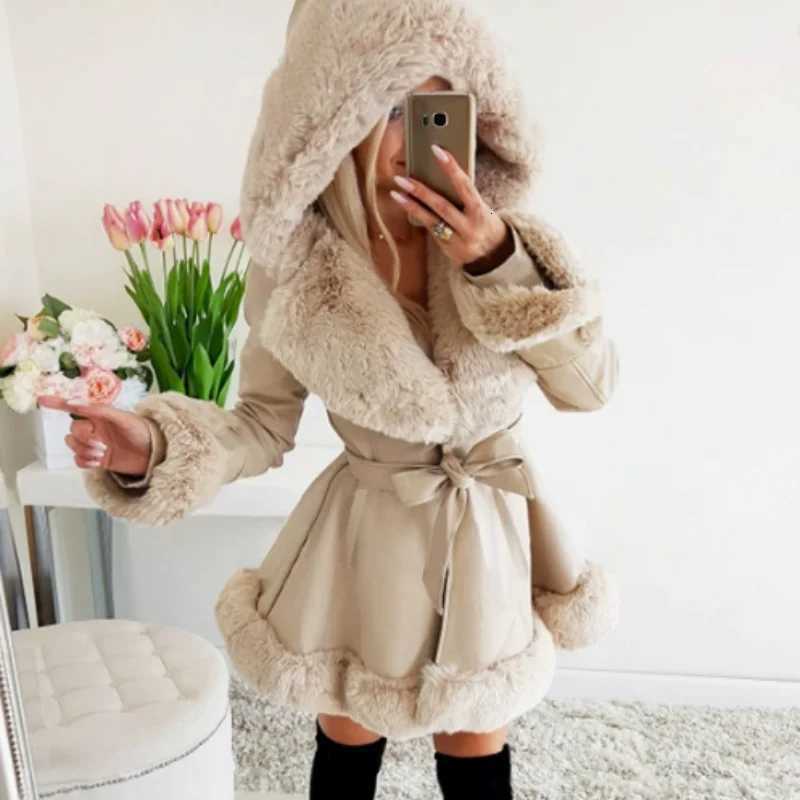 2025 British Imitation Fur Patchwork Jacket Womens Coat 2025 Winter Warmth Hooded Jacket Waist Cinching Trendy Coats Z250813