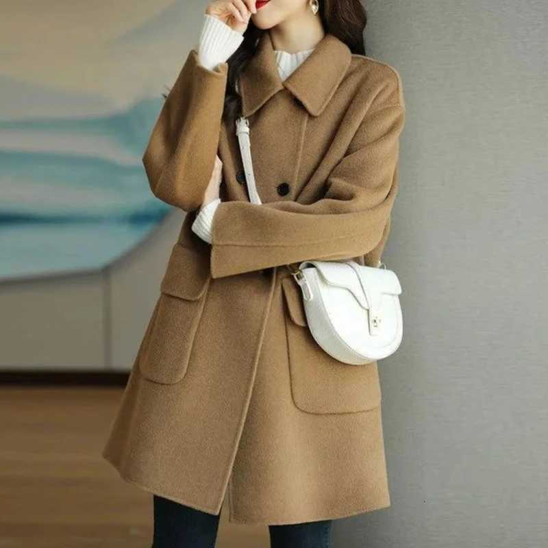 Womens Winter Overcoat Middle-Long Lapel Collar Woolen Coat Outerwear Warm Lady Overcoats Button Down Z250813