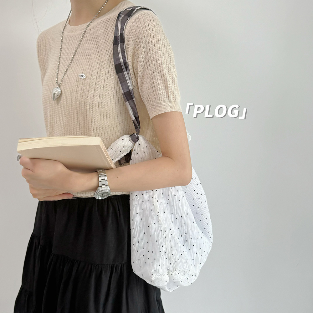 Lightweight Mesh Lazy Style Single Tote Polka Dot Chiffon Color Block Plaid Wide Shoulder Strap Cute Student Bag for Women ddmymarket