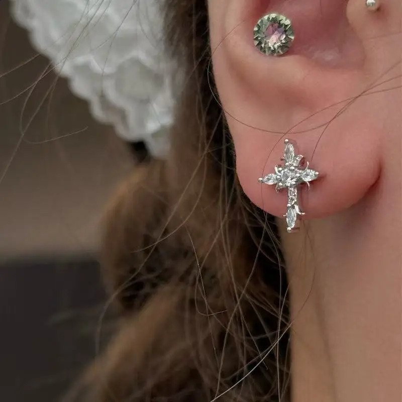 Shiny Rhinestone Zircon Cross Earrings For Women Korean Fashion Stainless Steel Earring Daily Birthday Party Y2K Jewelry Gifts 250812