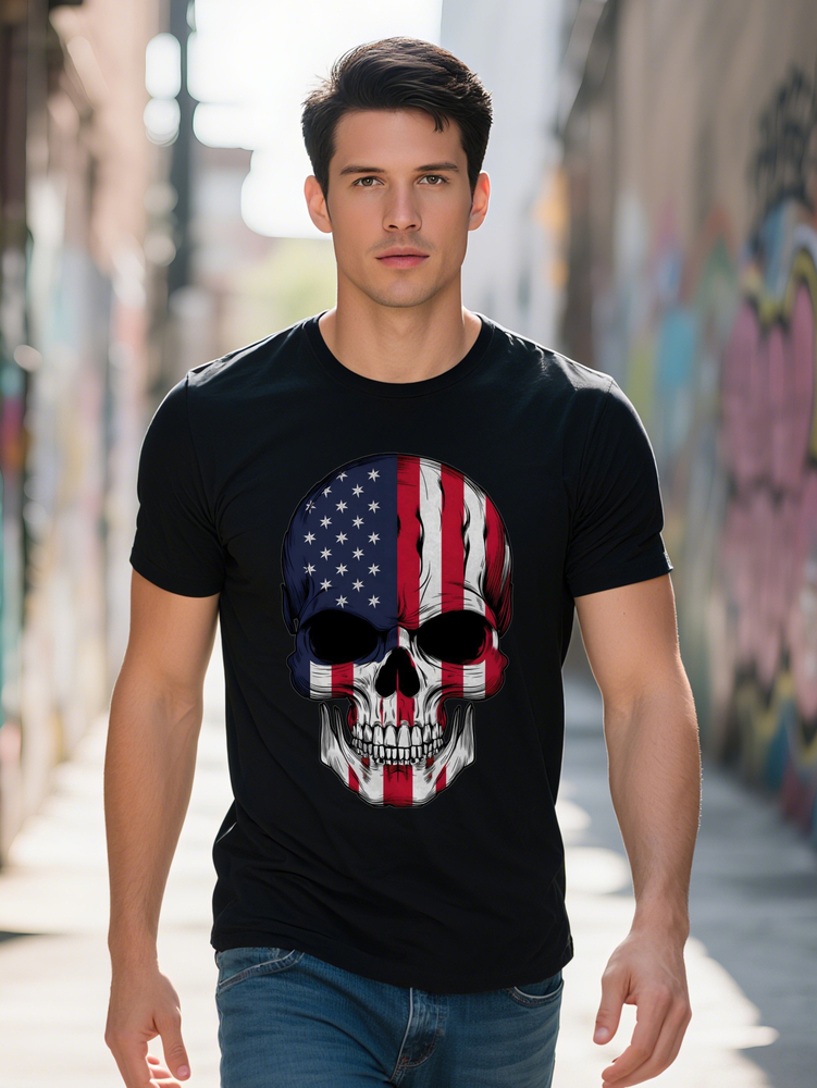 PC Patriotic Skull Print T-Shirt Casual Round Neck Short Sleeve Tee Knit Fabric Summer Regular Fit Top with 98dbc
