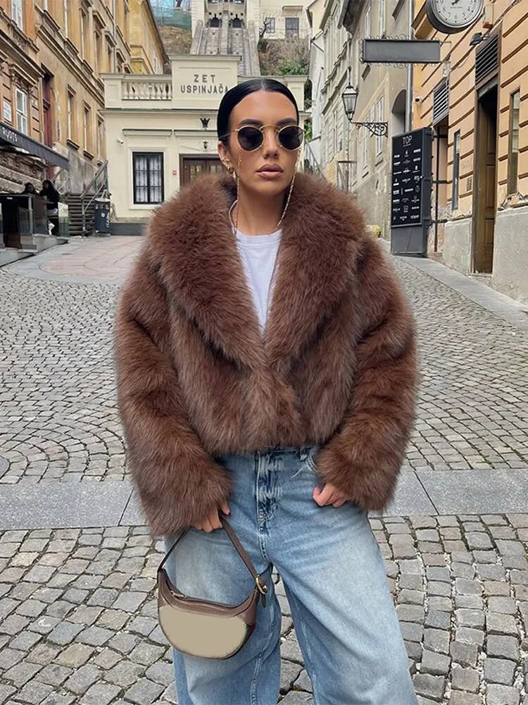 Elegant Brown Fluffy Faux Fur Jacket Autumn Women Fashion Lapel Long Sleeves Short Coats Winter Warm Female Street Outwears