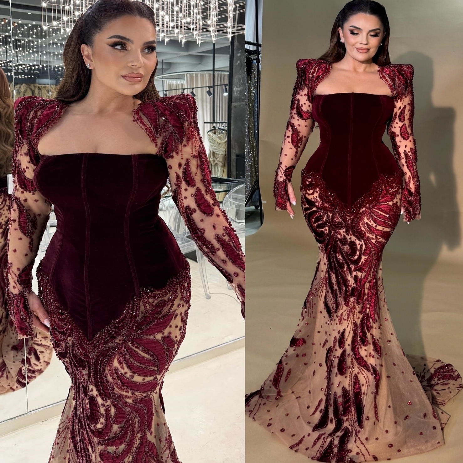 Arabic Mermaid Burgundy Evening Dresses Crystals Beaded Floral Lace Prom Formal Party Second Birthday Engagement Gowns Plus Size Dress For Special Occ