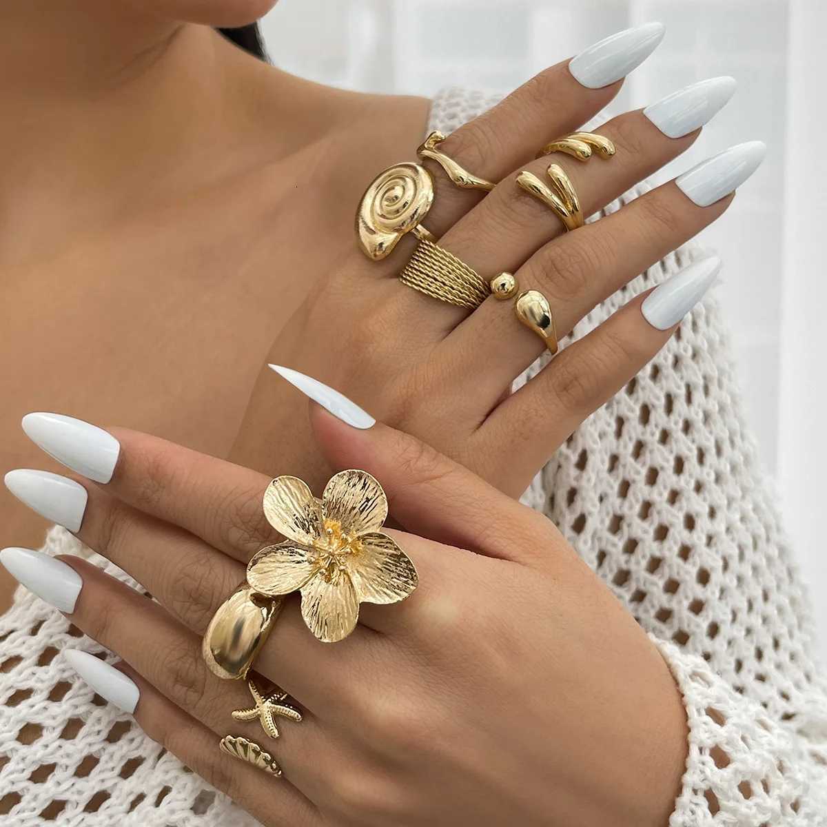10 Sets Vacation Beach Style Flower Starfish Knuckle Rings For Women Bohemian Vintage Gold Silver Color Open Joint Ring W250812