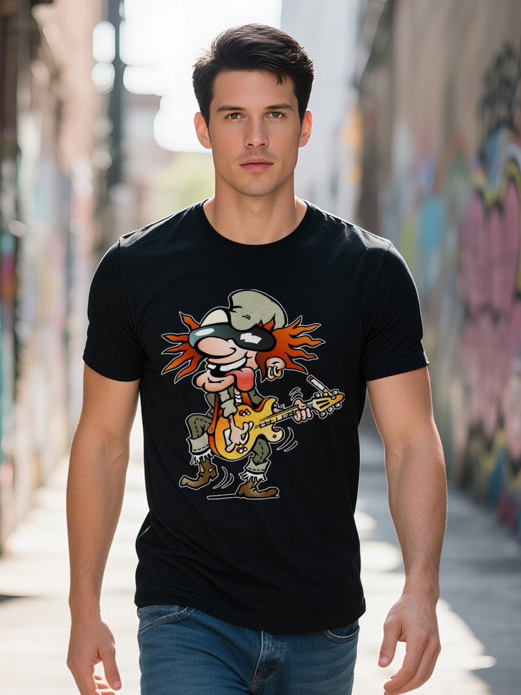 Retro Inspired Men's Black T-Shirt with Cartoon Guitarist Graphic Casual Short Sleeve Round Neck Tee Summer e1805