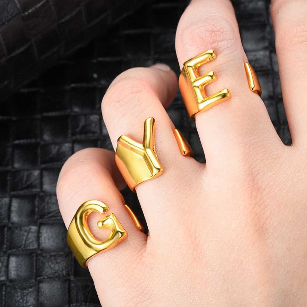 Hollow A-Z Letter Stainless Steel Adjustable Open Ring Gold Silver Color Initials Name Alphabet Party Chunky Wide Trendy Jewelry W250812