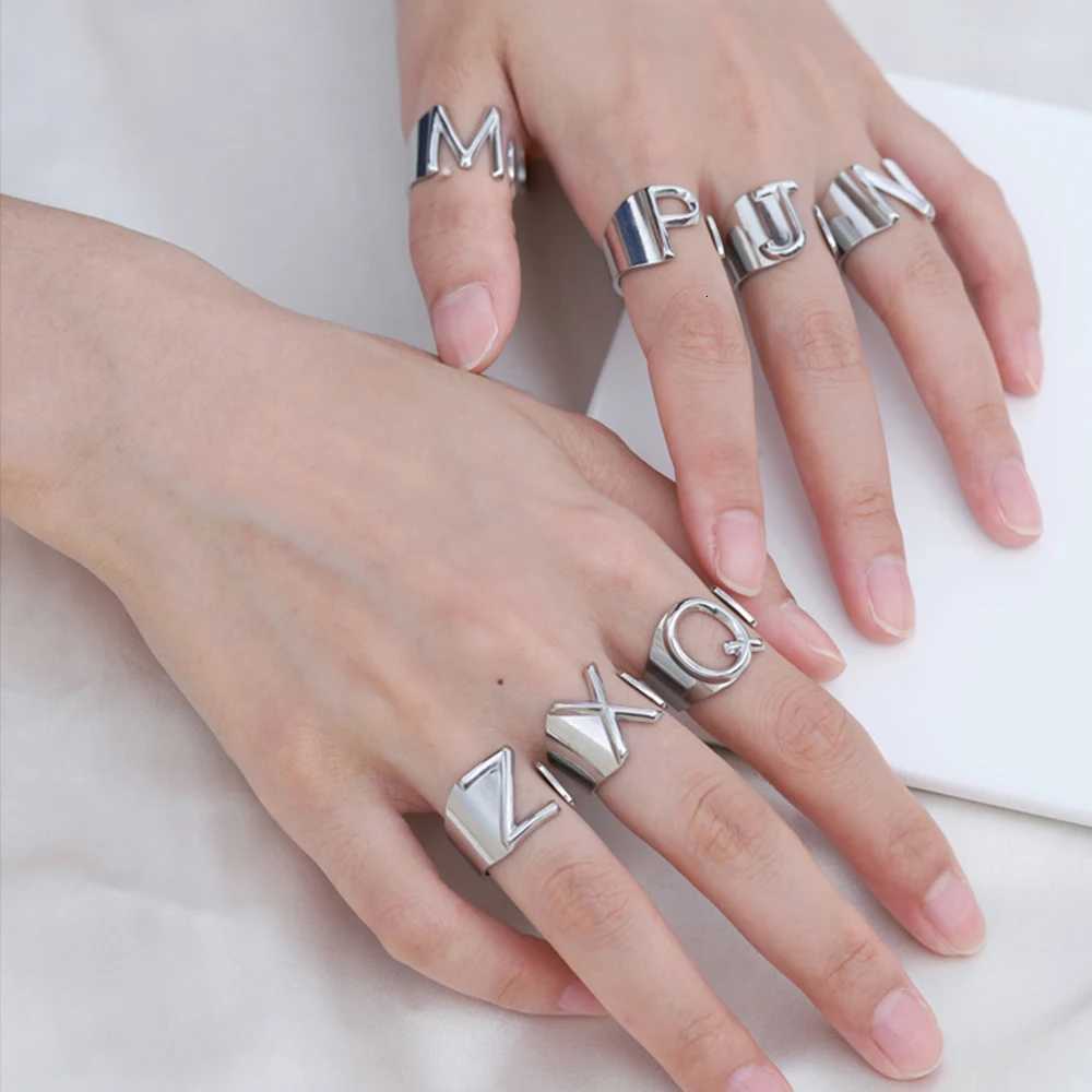 Hollow A-Z Letter Stainless Steel Adjustable Open Ring Gold Silver Color Initials Name Alphabet Party Chunky Wide Trendy Jewelry W250812