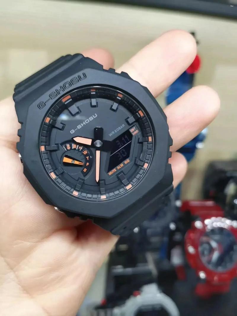 Wristwatches Orange Black Sport Unisex Watch Full Function World Time LED Dual Display Rubber Strap Oak