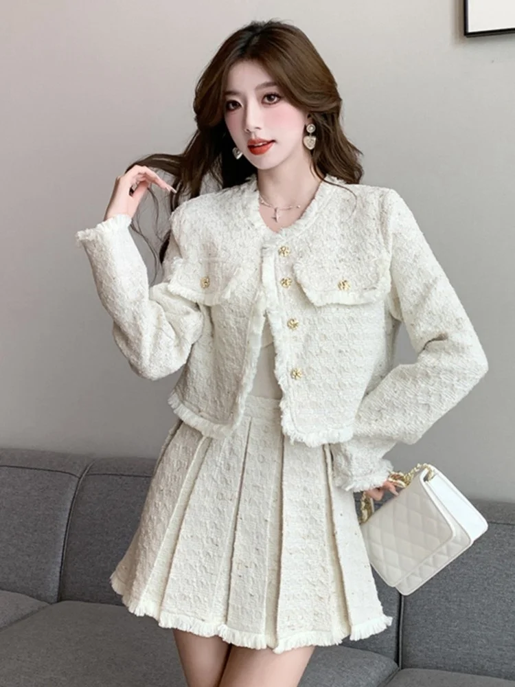 Two Piece Dress Korean Fashion Tweed 2 Set Women Outfits Autumn Winter Crop Top Jacket Coat Tassel Mini Pleated Skirt Suits Elegant 2025