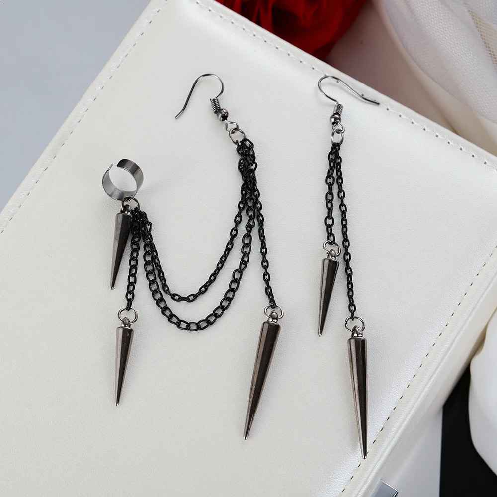 Men Retro Black Tassel Chain Long Earrings Punk Earrings Hiphop Rivet Earrings For Women Gothic Party Jewelry Pendientes 250812