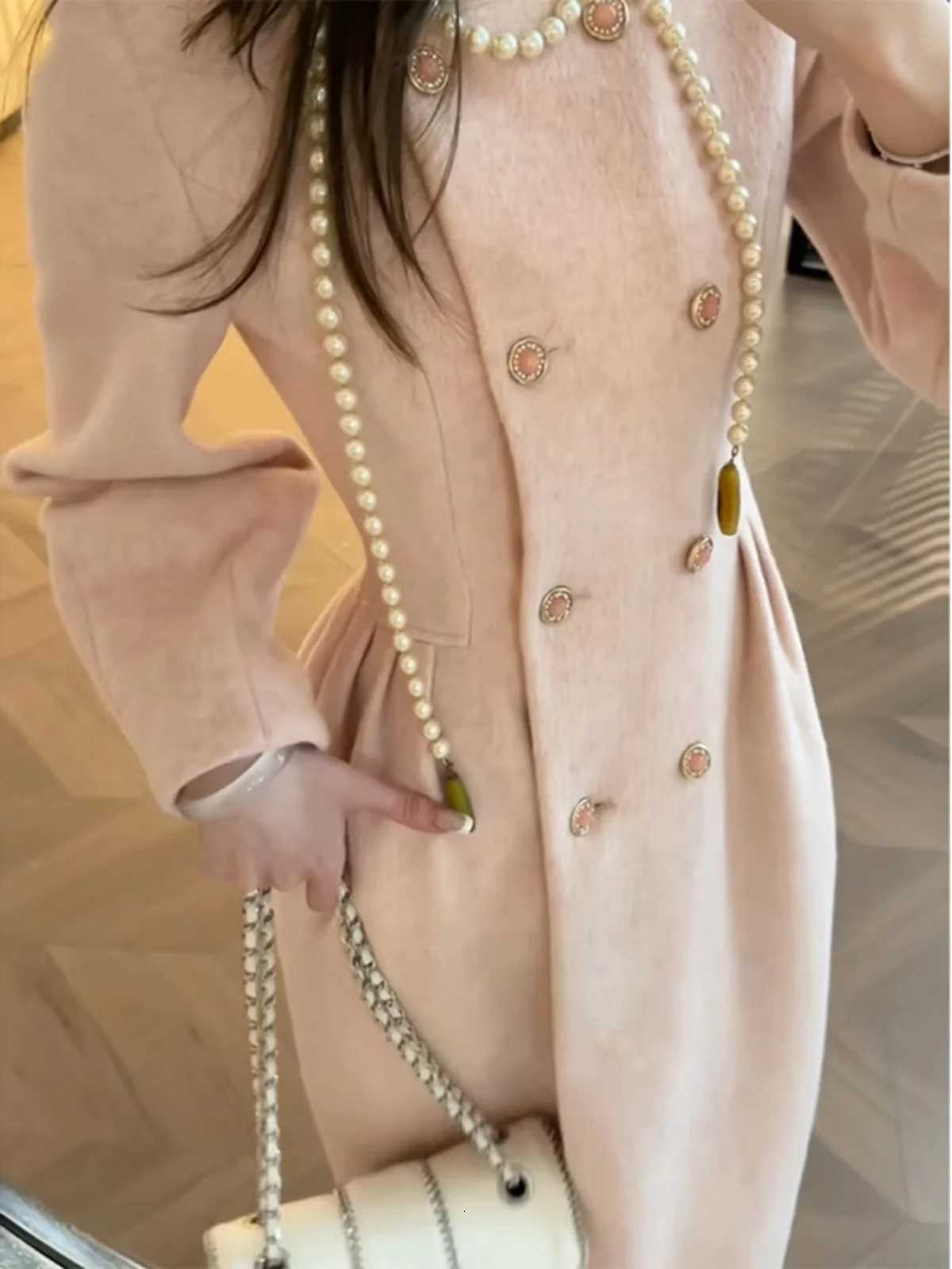 French Style Women High Waisted Slim Lace Patchwork Wool Long Coat Sweet Ladies Wool Coats Z250813