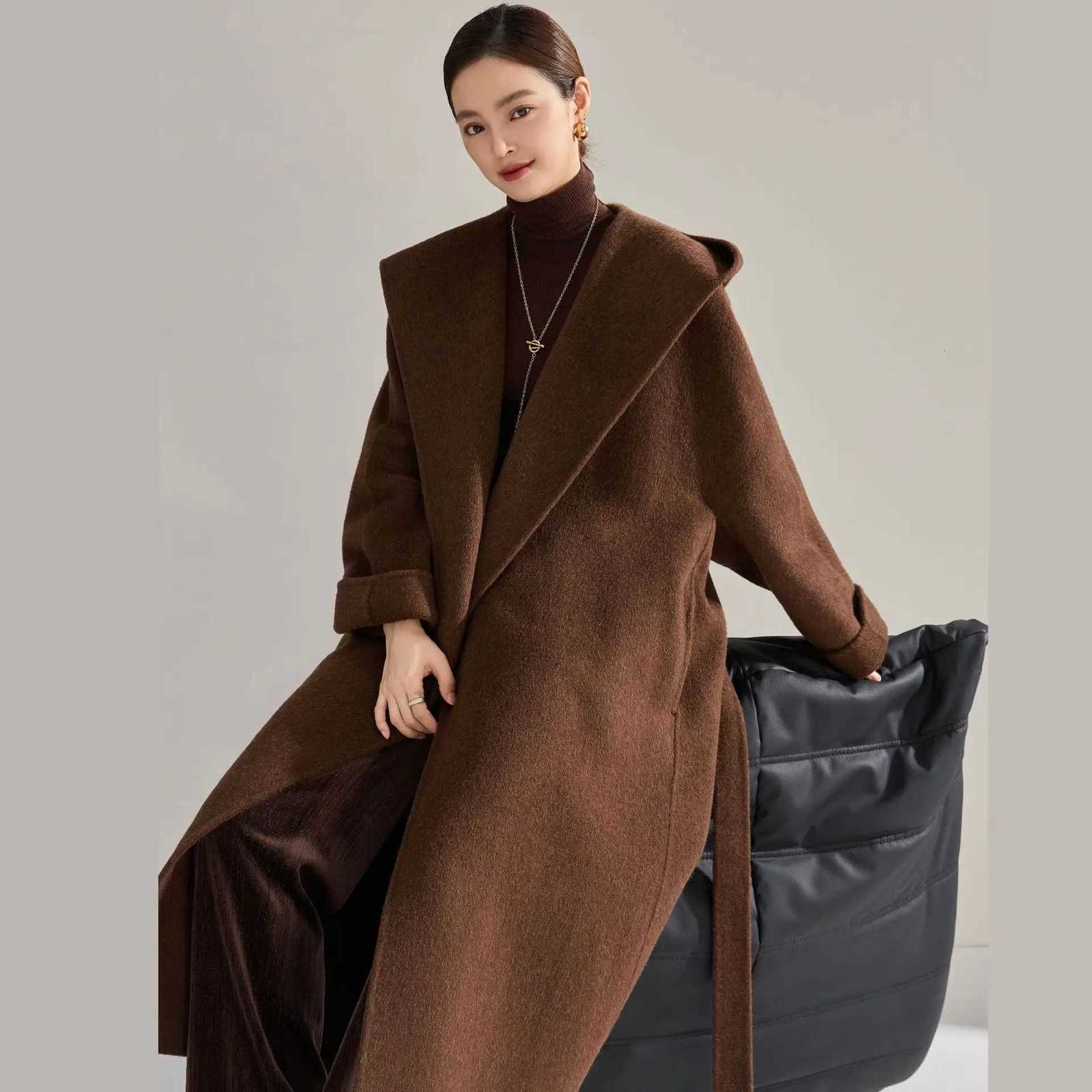 2025 Winter New High End Silk Cashmere Woolen Coat Women Long Hooded Bathrobe Solid Color Hoodie Elegant Wool Overcoat 15485 Z250813