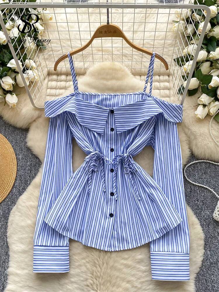 2025 off shoulder trend women's striped shirt women's French autumn retro sexy top long sleeved office women's printed casual shirt des