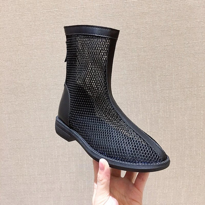 Fashionable Cool Boots Summer Round Head Mesh Cloth Breathable Soft Sole Anti-slip Wear-resistant Short Flat Boots 250812