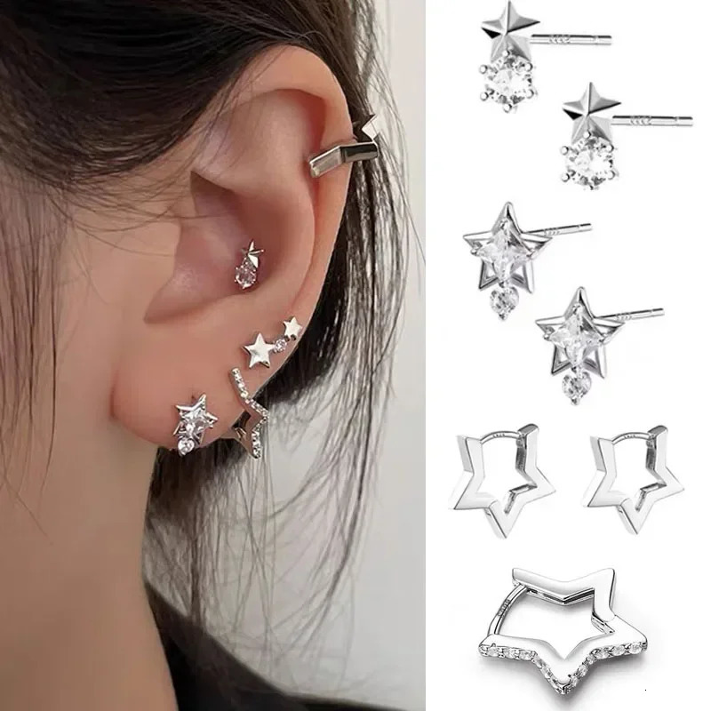 Y2K Pentagram Star Stud Earring for Women Shinning Punk Gothic Silver Color Helix Piercing Ear Bone Nail Jewelry Accessories 250812