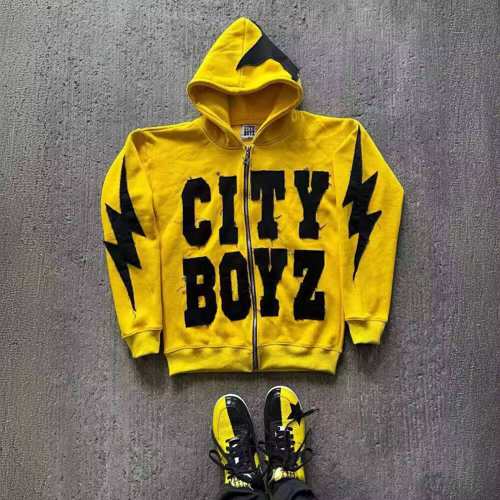 Unisex Acid Wash Zip-Up Hoodie with Custom Rhinestone Embroidered Patch Casual Style for Men in Autumn Season
