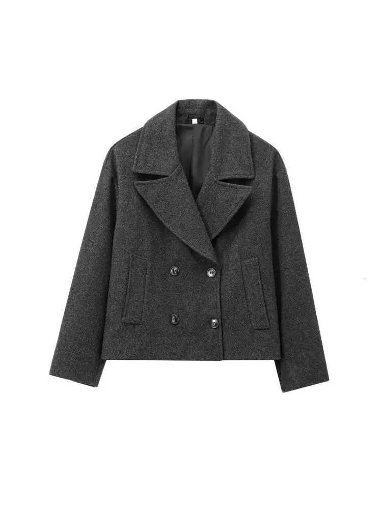 TRZA-Womens Short Double-Breasted Woolen Coat Lapel Collar Long Sleeve Female Outerwear Chic Tops Fashion Z250813
