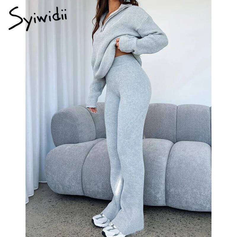 Syiwidii Autumn Winter Elegant 2 Piece Sets For Women Zipper Long Sleeve Sweaters Straight Pants Fashion New Casual Knitted Suit 250813