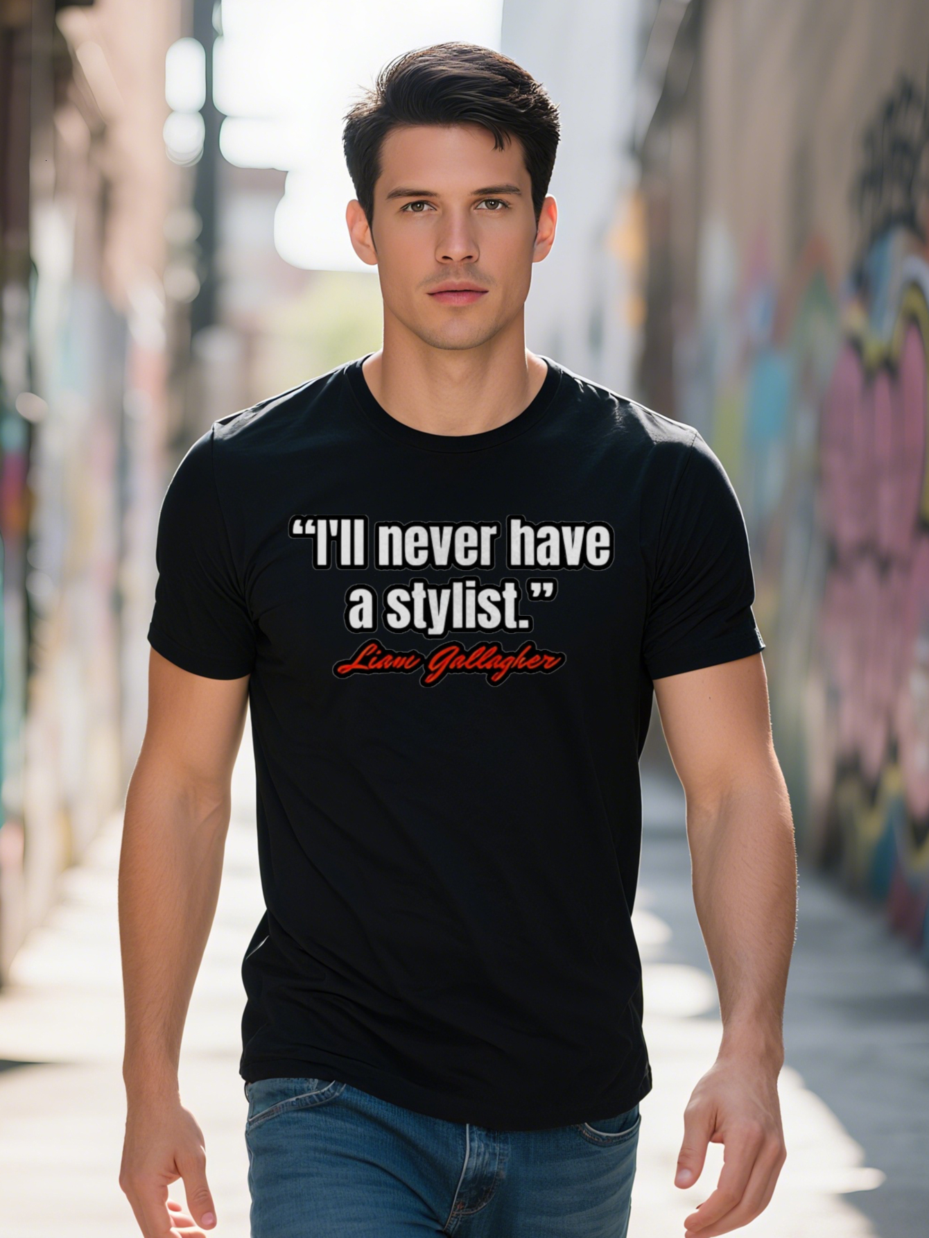 Black Crew Neck T-Shirt with White Letter Print I'll Never Have a Stylist Quote Summer Tee Perfect Gift for Men